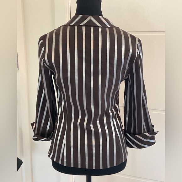 Joseph Ribkoff Brown and White Buttoned Blouse with Notched Collar - Picture 4 of 14
